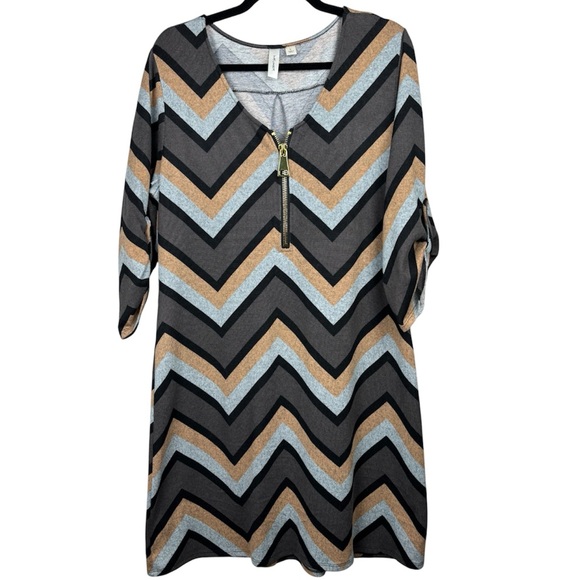 Tacera Dresses & Skirts - Tacera Womens Neutral Multicolor Chevron Large 3/4 Sleeve Knit Midi Dress